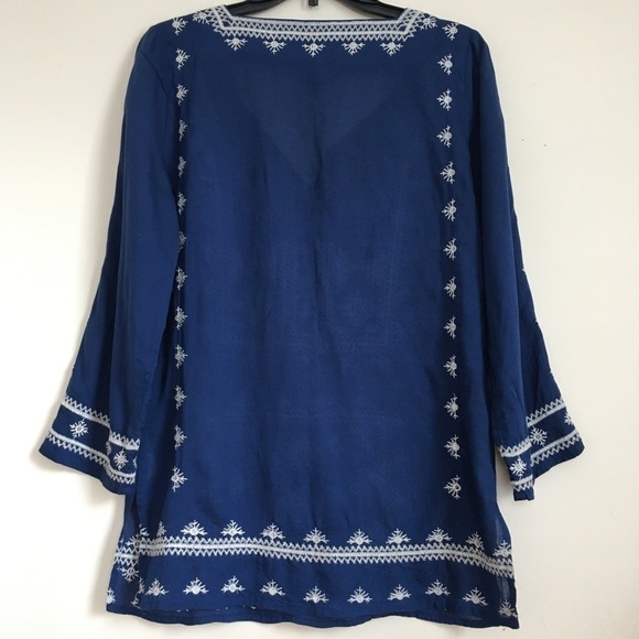 Lucky Brand Boho Embroidered Navy Blue 3/4 Long Sleeve Blouse Tunic - Picture 2 of 16